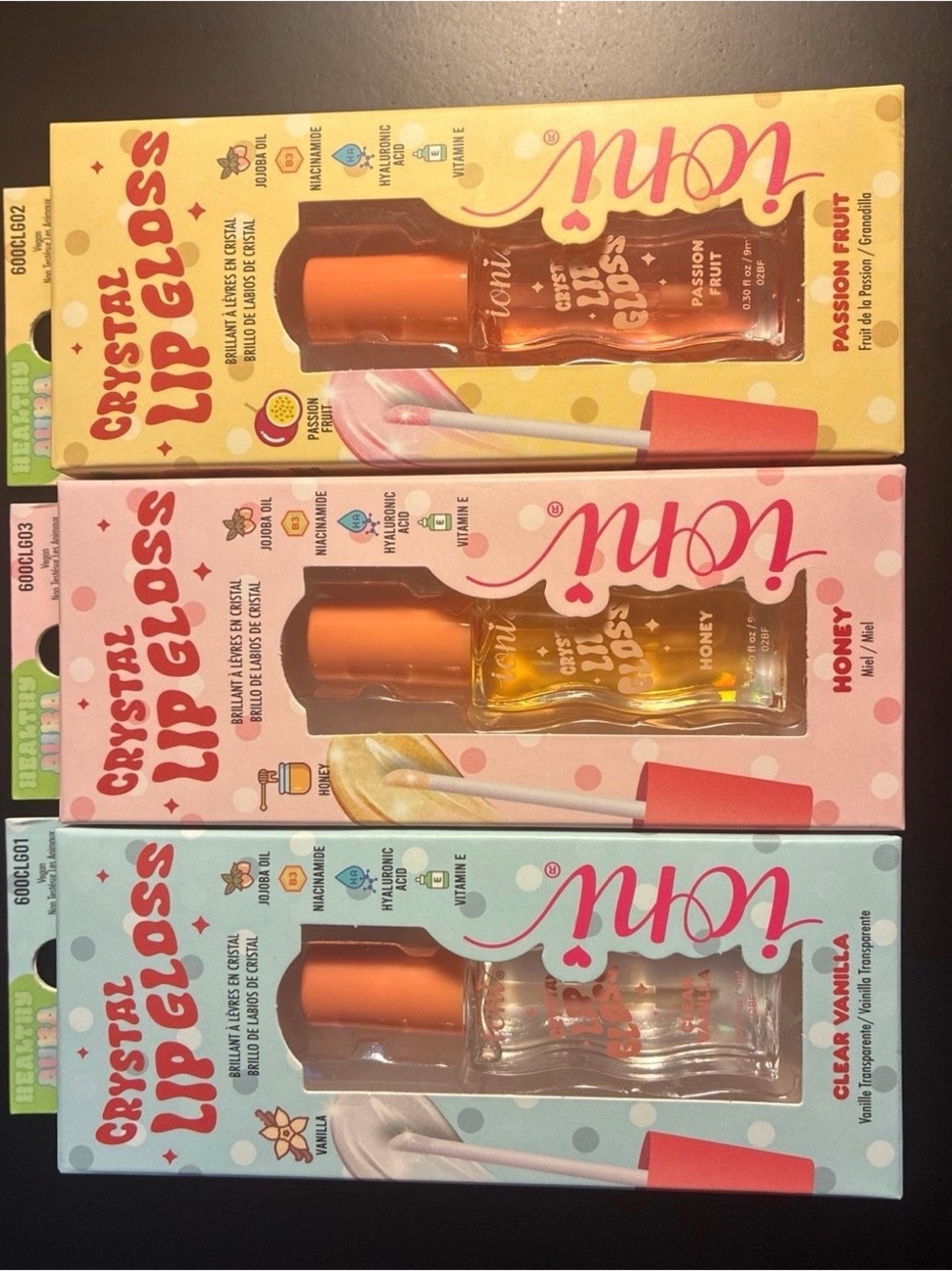 Ioni Crystal Lip Gloss Trio — Passion Fruit, Honey & Clear Vanilla